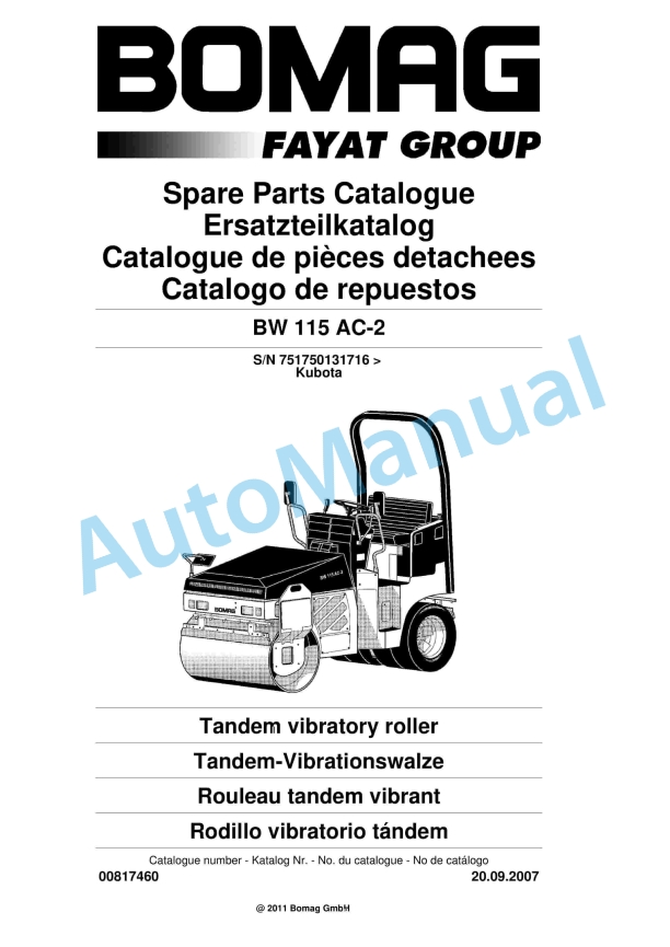 Bomag BW 115 AC-2 Tandem Vibratory Roller Spare Parts Catalogue 00817460 1 Bomag BW 115 AC-2 Tandem Vibratory Roller Spare Parts Catalogue 00817460