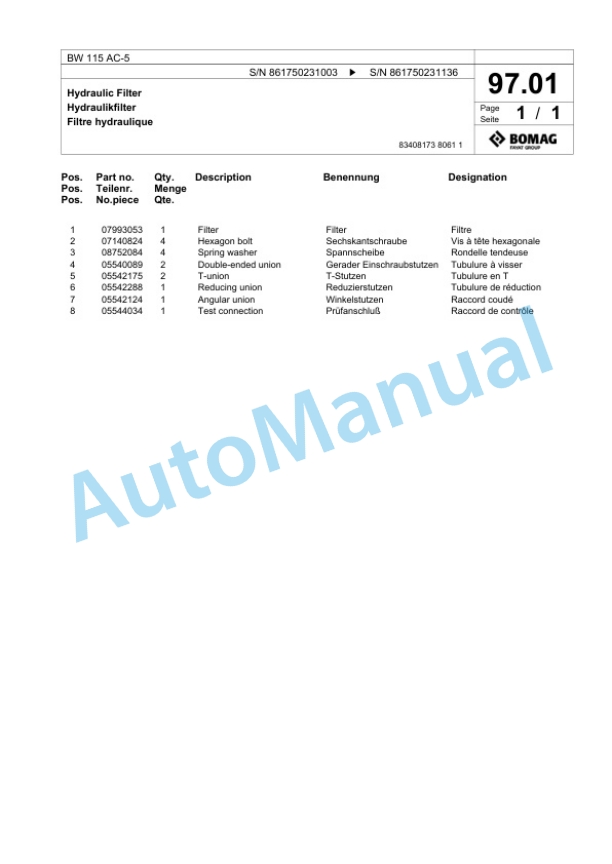 Bomag BW 115 AC-5 Tandem Vibratory Roller Spare Parts Catalogue 00824933 5 Bomag BW 115 AC-5 Tandem Vibratory Roller Spare Parts Catalogue 00824933-5