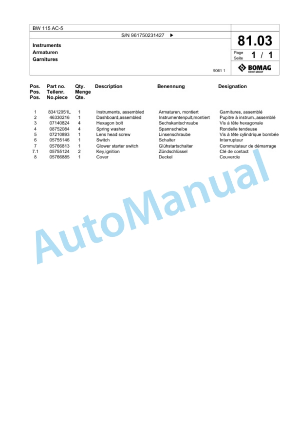 Bomag BW 115 AC-5 Tandem Vibratory Roller Spare Parts Catalogue 00826191 3 Bomag BW 115 AC-5 Tandem Vibratory Roller Spare Parts Catalogue 00826191-3