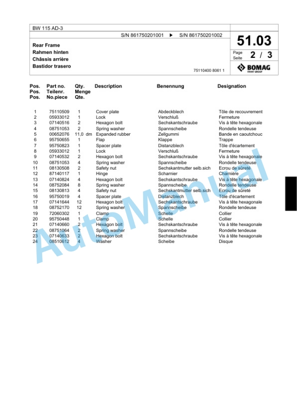 Bomag BW 115 AD-3 Tandem Vibratory Roller Spare Parts Catalogue 00818695 2 Bomag BW 115 AD-3 Tandem Vibratory Roller Spare Parts Catalogue 00818695-2