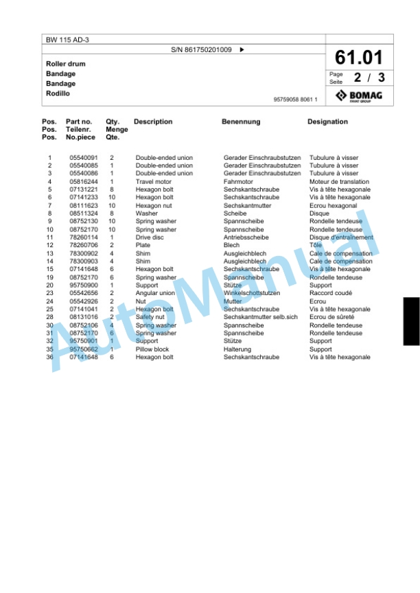 Bomag BW 115 AD-3 Tandem Vibratory Roller Spare Parts Catalogue 00818695 3 Bomag BW 115 AD-3 Tandem Vibratory Roller Spare Parts Catalogue 00818695-3