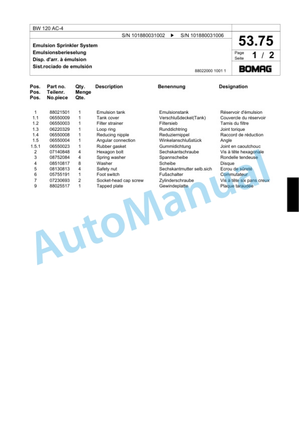 Bomag BW 120 AC-4 Combination Roller Spare Parts Catalogue 00817691 2 Bomag BW 120 AC-4 Combination Roller Spare Parts Catalogue 00817691-2
