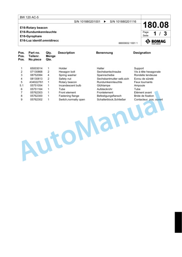Bomag BW 120 AC-5 Combination Roller Spare Parts Catalogue 00824031 5 Bomag BW 120 AC-5 Combination Roller Spare Parts Catalogue 00824031-5