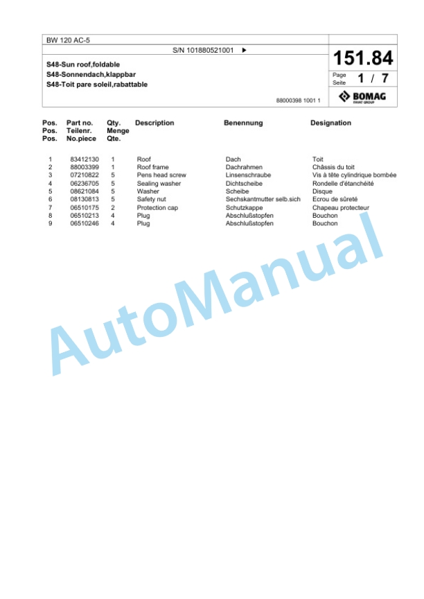 Bomag BW 120 AC-5 Combination Roller Spare Parts Catalogue 00825375 4 Bomag BW 120 AC-5 Combination Roller Spare Parts Catalogue 00825375-4