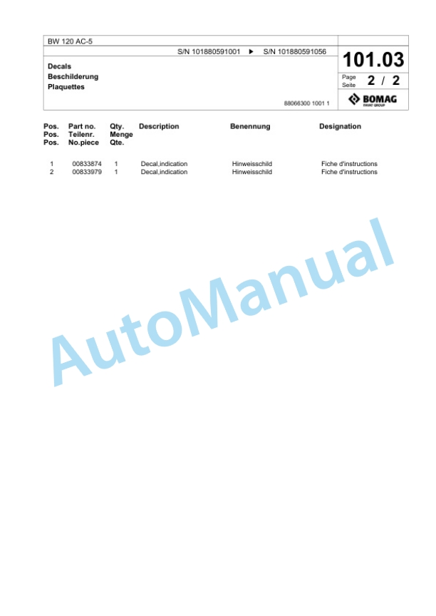 Bomag BW 120 AC-5 Combination Roller Spare Parts Catalogue 00825571 2 Bomag BW 120 AC-5 Combination Roller Spare Parts Catalogue 00825571-2