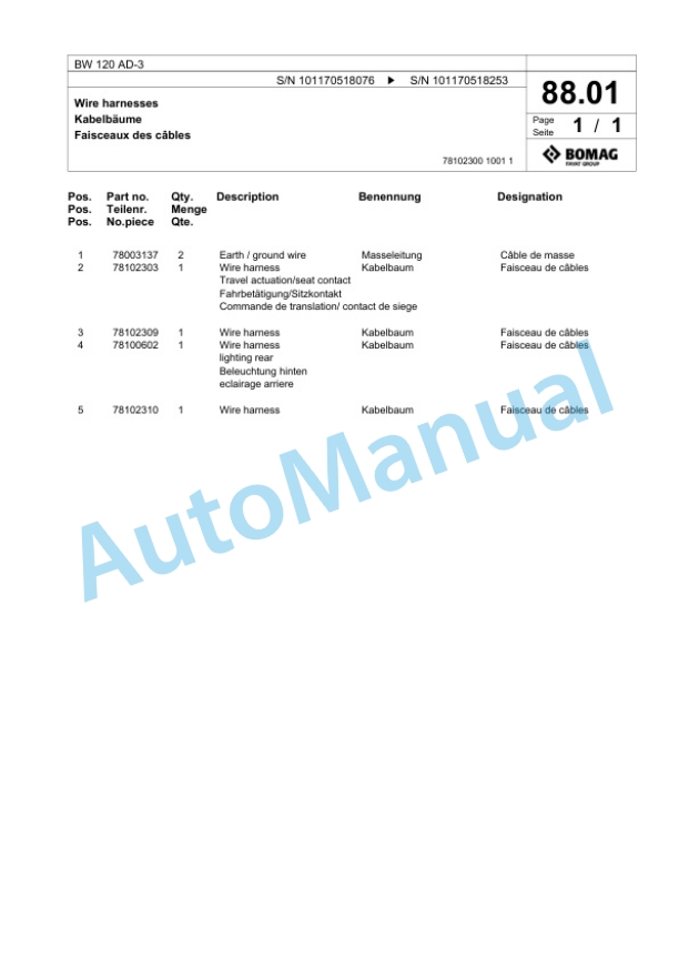 Bomag BW 120 AD-3 Combination Roller Spare Parts Catalogue 00817463 3 Bomag BW 120 AD-3 Combination Roller Spare Parts Catalogue 00817463-3