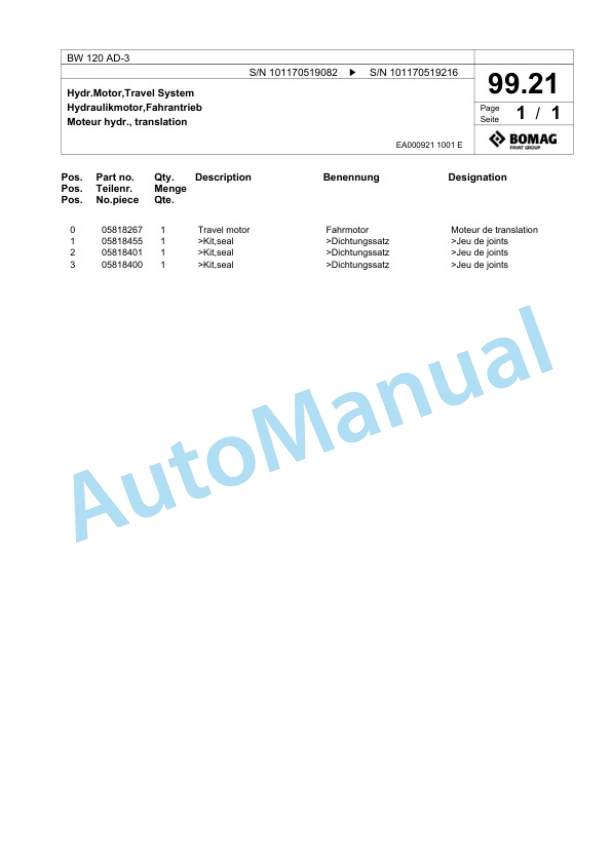 Bomag BW 120 AD-3 Combination Roller Spare Parts Catalogue 00817463 4 Bomag BW 120 AD-3 Combination Roller Spare Parts Catalogue 00817463-4