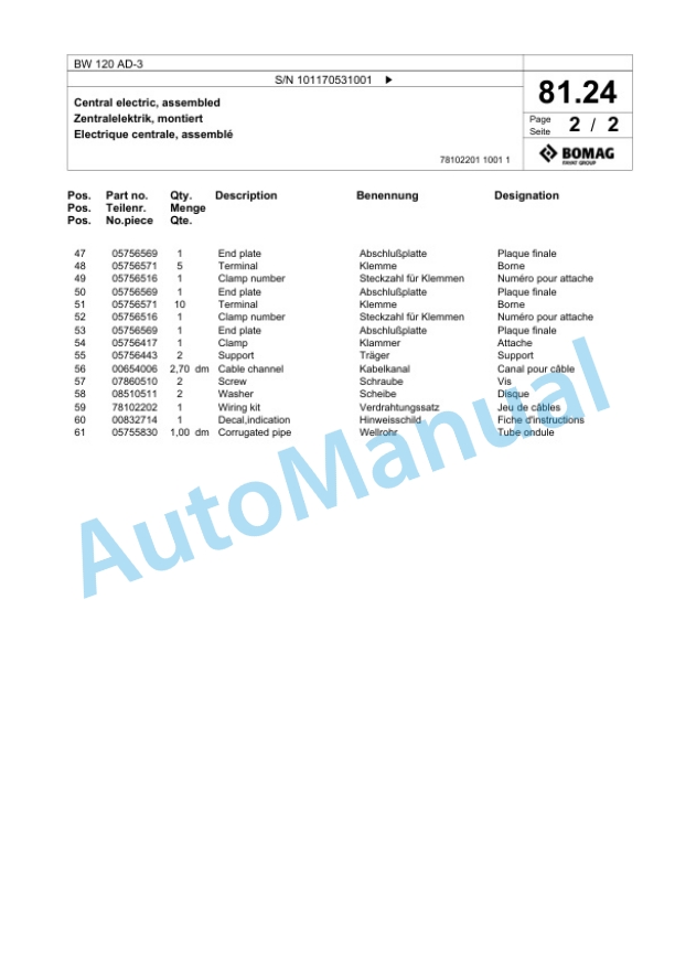 Bomag BW 120 AD-3 Tandem Vibratory Roller Spare Parts Catalogue 00817831 4 Bomag BW 120 AD-3 Tandem Vibratory Roller Spare Parts Catalogue 00817831-4