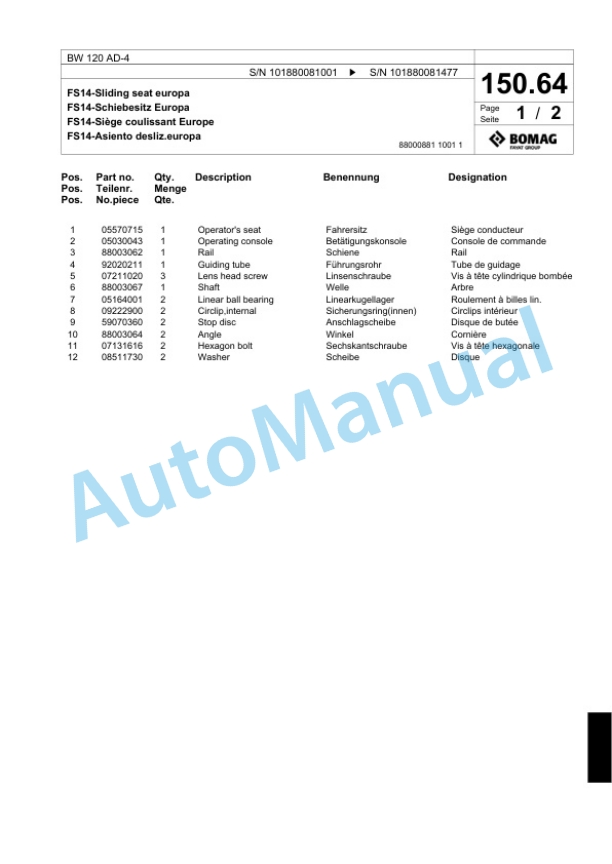 Bomag BW 120 AD-4 Tandem Vibratory Roller Spare Parts Catalogue 00818469 4 Bomag BW 120 AD-4 Tandem Vibratory Roller Spare Parts Catalogue 00818469-4