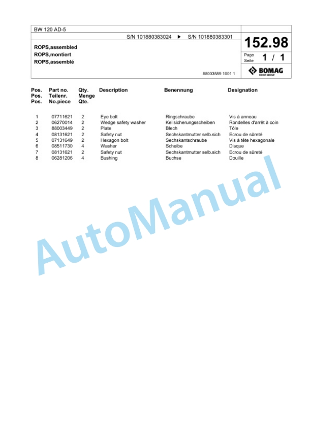 Bomag BW 120 AD-5 Tandem Vibratory Roller Spare Parts Catalogue 00824835 3 Bomag BW 120 AD-5 Tandem Vibratory Roller Spare Parts Catalogue 00824835-3