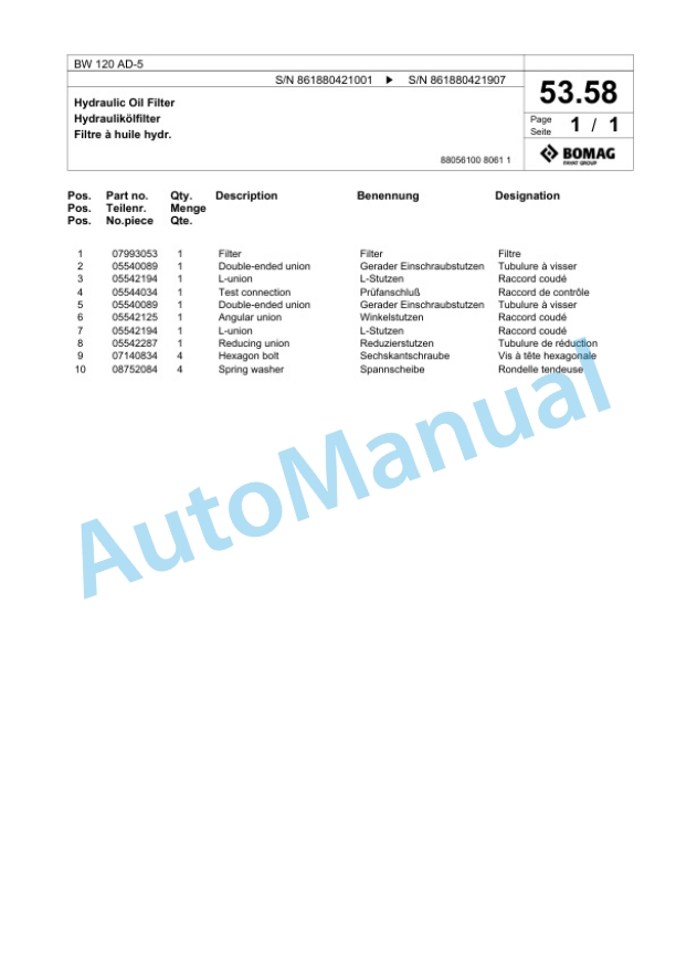 Bomag BW 120 AD-5 Tandem Vibratory Roller Spare Parts Catalogue 00824997 2 Bomag BW 120 AD-5 Tandem Vibratory Roller Spare Parts Catalogue 00824997-2