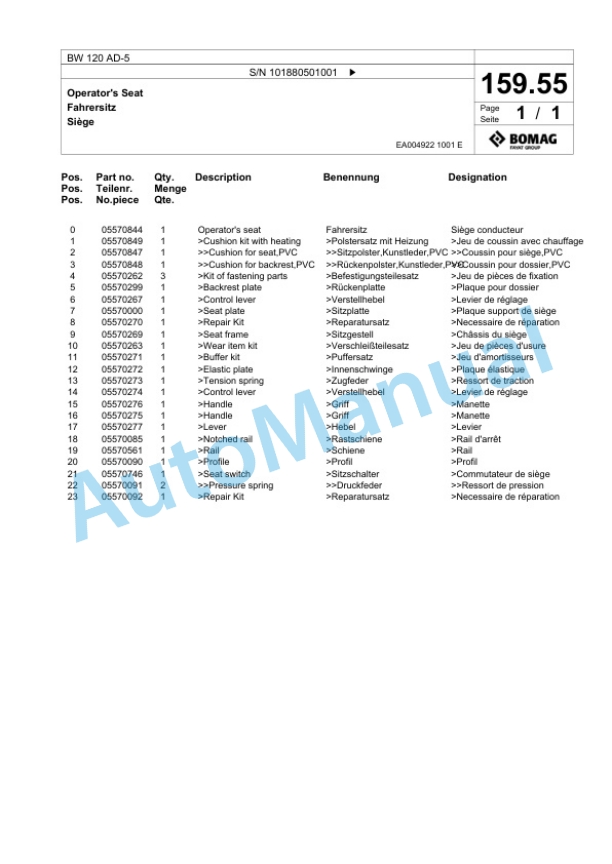 Bomag BW 120 AD-5 Tandem Vibratory Roller Spare Parts Catalogue 00825371 5 Bomag BW 120 AD-5 Tandem Vibratory Roller Spare Parts Catalogue 00825371-5
