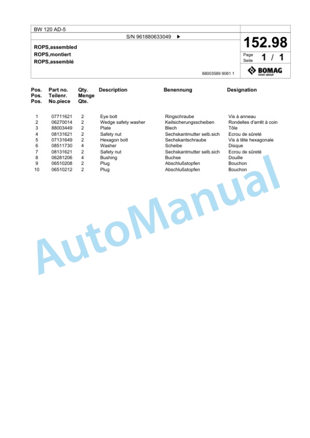 Bomag BW 120 AD-5 Tandem Vibratory Roller Spare Parts Catalogue 00826221 5 Bomag BW 120 AD-5 Tandem Vibratory Roller Spare Parts Catalogue 00826221-5