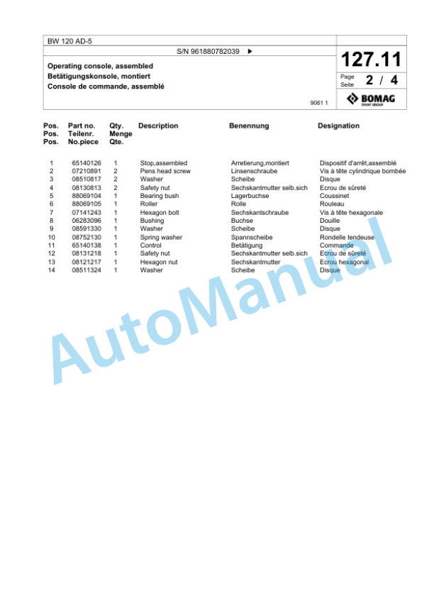 Bomag BW 120 AD-5 Tandem Vibratory Roller Spare Parts Catalogue 00826689 3 Bomag BW 120 AD-5 Tandem Vibratory Roller Spare Parts Catalogue 00826689-3
