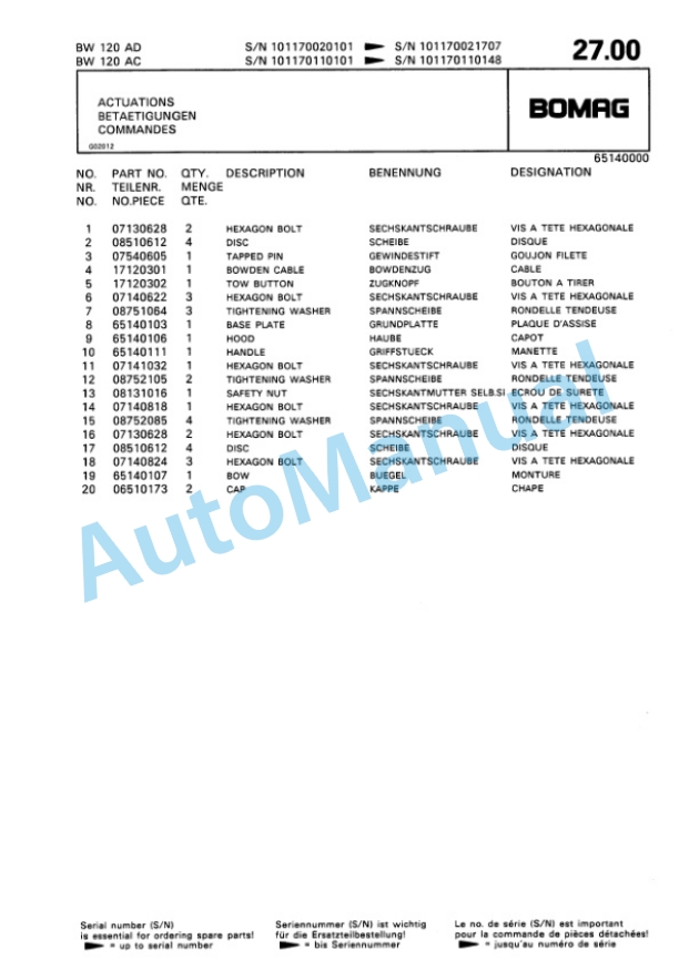 Bomag BW 120 AD, BW 120 AC Double Vibratory Roller Spare Parts Catalogue 00810019 2 Bomag BW 120 AD, BW 120 AC Double Vibratory Roller Spare Parts Catalogue 00810019-2