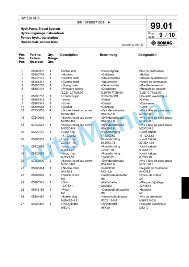 Bomag BW 120 SL-5 Tandem Vibratory Roller Spare Parts Catalogue 00824537 5 Bomag BW 120 SL-5 Tandem Vibratory Roller Spare Parts Catalogue 00824537-5
