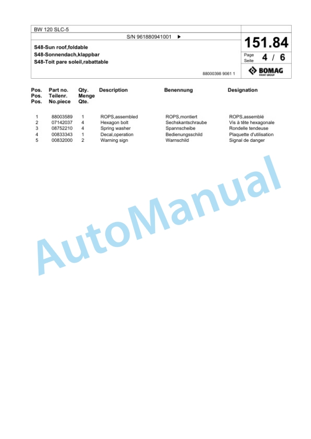 Bomag BW 120 SLC-5 Combination Roller Spare Parts Catalogue 00827051 5 Bomag BW 120 SLC-5 Combination Roller Spare Parts Catalogue 00827051-5