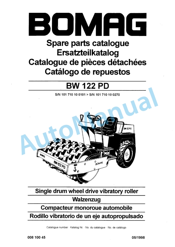 Bomag BW 122 PD Single Drum Wheel Drive Vibratory Roller Spare Parts Catalogue 00810045 1 Bomag BW 122 PD Single Drum Wheel Drive Vibratory Roller Spare Parts Catalogue 00810045