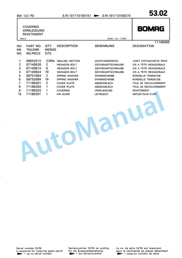 Bomag BW 122 PD Single Drum Wheel Drive Vibratory Roller Spare Parts Catalogue 00810045 5 Bomag BW 122 PD Single Drum Wheel Drive Vibratory Roller Spare Parts Catalogue 00810045-5