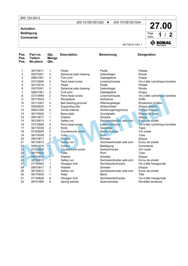 Bomag BW 124 DH-3 Single Drum Wheel Drive Vibratory Roller Spare Parts Catalogue 00817464 2 Bomag BW 124 DH-3 Single Drum Wheel Drive Vibratory Roller Spare Parts Catalogue 00817464-2