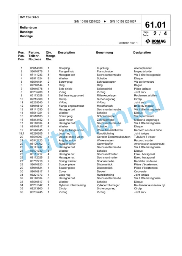 Bomag BW 124 DH-3 Single Drum Wheel Drive Vibratory Roller Spare Parts Catalogue 00817464 3 Bomag BW 124 DH-3 Single Drum Wheel Drive Vibratory Roller Spare Parts Catalogue 00817464-3