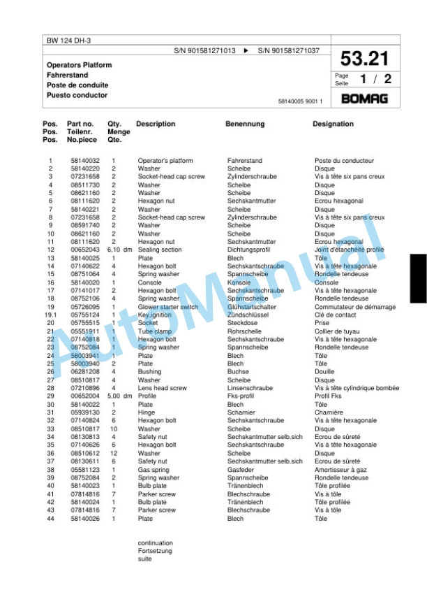 Bomag BW 124 DH-3 Single Drum Wheel Drive Vibratory Roller Spare Parts Catalogue 00817634 2 Bomag BW 124 DH-3 Single Drum Wheel Drive Vibratory Roller Spare Parts Catalogue 00817634-2