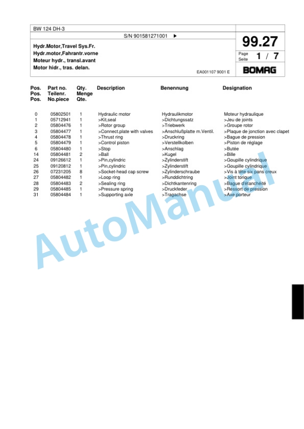 Bomag BW 124 DH-3 Single Drum Wheel Drive Vibratory Roller Spare Parts Catalogue 00817634 4 Bomag BW 124 DH-3 Single Drum Wheel Drive Vibratory Roller Spare Parts Catalogue 00817634-4