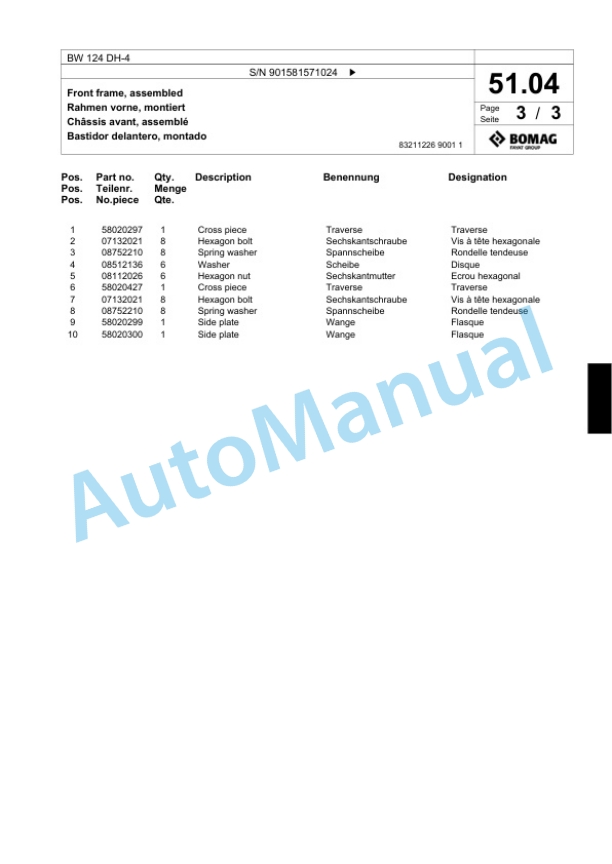 Bomag BW 124 DH-4 Single Drum Wheel Drive Vibratory Roller Spare Parts Catalogue 00818295 2 Bomag BW 124 DH-4 Single Drum Wheel Drive Vibratory Roller Spare Parts Catalogue 00818295-2