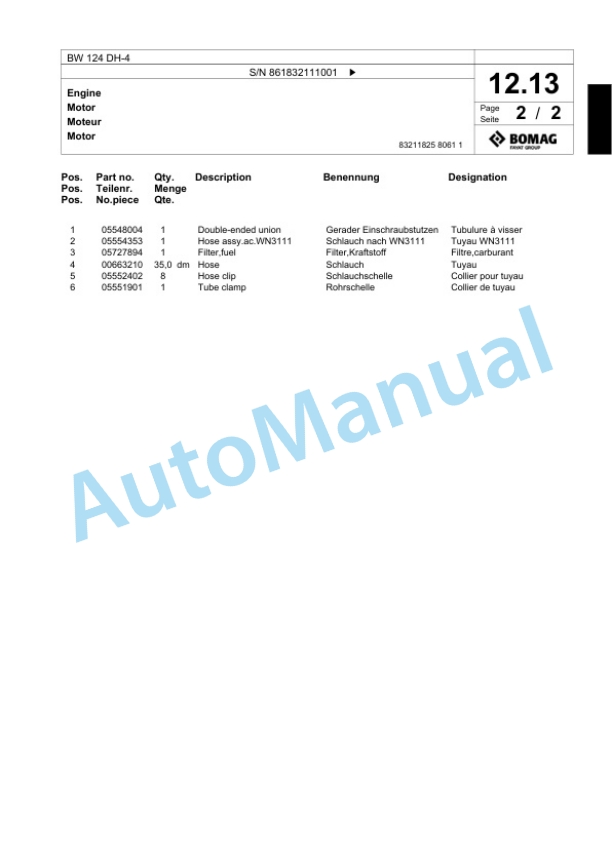 Bomag BW 124 DH-4 Single Drum Wheel Drive Vibratory Roller Spare Parts Catalogue 00824495 2 Bomag BW 124 DH-4 Single Drum Wheel Drive Vibratory Roller Spare Parts Catalogue 00824495-2