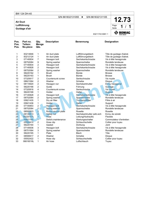 Bomag BW 124 DH-40 Single Drum Wheel Drive Vibratory Roller Spare Parts Catalogue 00824499 2 Bomag BW 124 DH-40 Single Drum Wheel Drive Vibratory Roller Spare Parts Catalogue 00824499-2