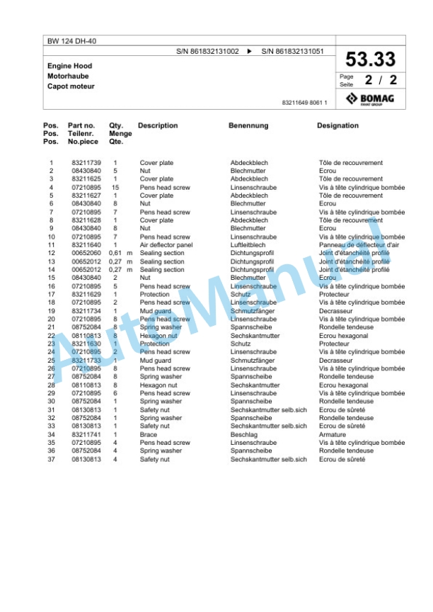 Bomag BW 124 DH-40 Single Drum Wheel Drive Vibratory Roller Spare Parts Catalogue 00824499 3 Bomag BW 124 DH-40 Single Drum Wheel Drive Vibratory Roller Spare Parts Catalogue 00824499-3