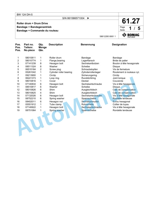 Bomag BW 124 DH-5 Single Drum Wheel Drive Vibratory Roller Spare Parts Catalogue 00825193 2 Bomag BW 124 DH-5 Single Drum Wheel Drive Vibratory Roller Spare Parts Catalogue 00825193-2