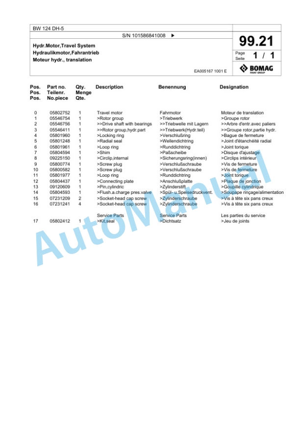Bomag BW 124 DH-5 Single Drum Wheel Drive Vibratory Roller Spare Parts Catalogue 00825441 3 Bomag BW 124 DH-5 Single Drum Wheel Drive Vibratory Roller Spare Parts Catalogue 00825441-3