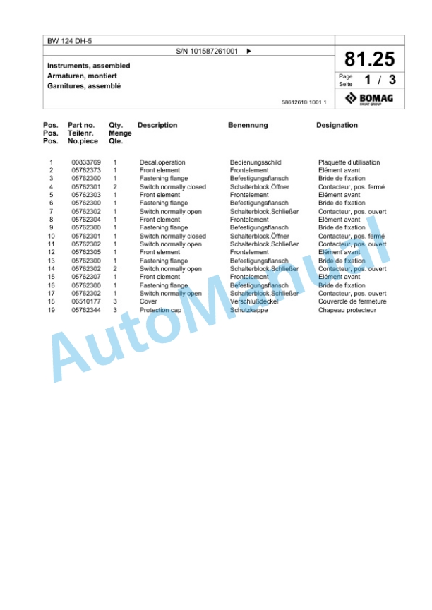 Bomag BW 124 DH-5 Single Drum Wheel Drive Vibratory Roller Spare Parts Catalogue 00825623 2 Bomag BW 124 DH-5 Single Drum Wheel Drive Vibratory Roller Spare Parts Catalogue 00825623-2