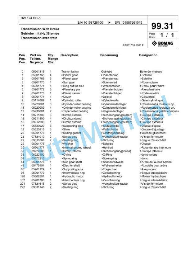 Bomag BW 124 DH-5 Single Drum Wheel Drive Vibratory Roller Spare Parts Catalogue 00825623 3 Bomag BW 124 DH-5 Single Drum Wheel Drive Vibratory Roller Spare Parts Catalogue 00825623-3