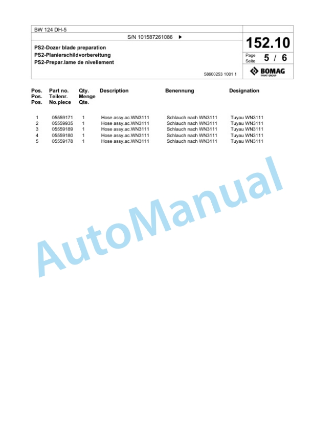 Bomag BW 124 DH-5 Single Drum Wheel Drive Vibratory Roller Spare Parts Catalogue 00825623 5 Bomag BW 124 DH-5 Single Drum Wheel Drive Vibratory Roller Spare Parts Catalogue 00825623-5
