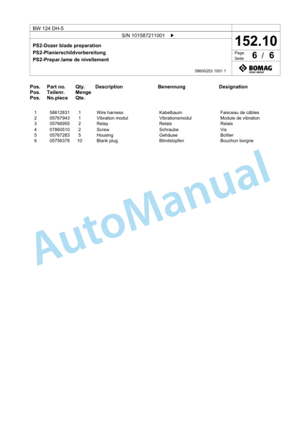 Bomag BW 124 DH-5 Single Drum Wheel Drive Vibratory Roller Spare Parts Catalogue 00825733 5 Bomag BW 124 DH-5 Single Drum Wheel Drive Vibratory Roller Spare Parts Catalogue 00825733-5