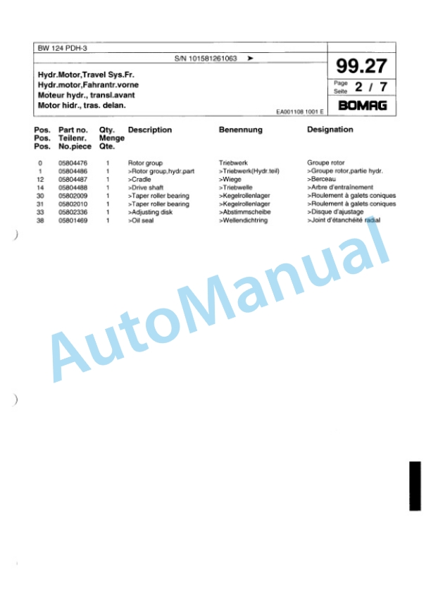 Bomag BW 124 PDH-3 Single Drum Wheel Drive Vibratory Roller Spare Parts Catalogue 00815526 4 Bomag BW 124 PDH-3 Single Drum Wheel Drive Vibratory Roller Spare Parts Catalogue 00815526-4
