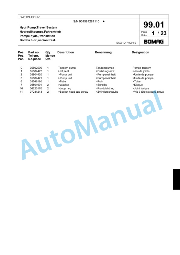 Bomag BW 124 PDH-3 Single Drum Wheel Drive Vibratory Roller Spare Parts Catalogue 00817635 3 Bomag BW 124 PDH-3 Single Drum Wheel Drive Vibratory Roller Spare Parts Catalogue 00817635-3