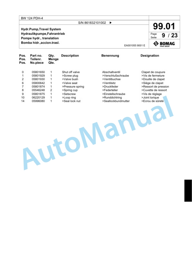 Bomag BW 124 PDH-4 Single Drum Wheel Drive Vibratory Roller Spare Parts Catalogue 00824297 3 Bomag BW 124 PDH-4 Single Drum Wheel Drive Vibratory Roller Spare Parts Catalogue 00824297-3
