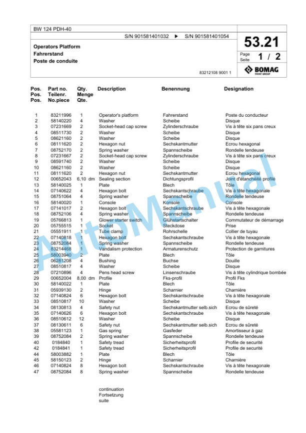 Bomag BW 124 PDH-40 Single Drum Wheel Drive Vibratory Roller Spare Parts Catalogue 00818523 2 Bomag BW 124 PDH-40 Single Drum Wheel Drive Vibratory Roller Spare Parts Catalogue 00818523-2