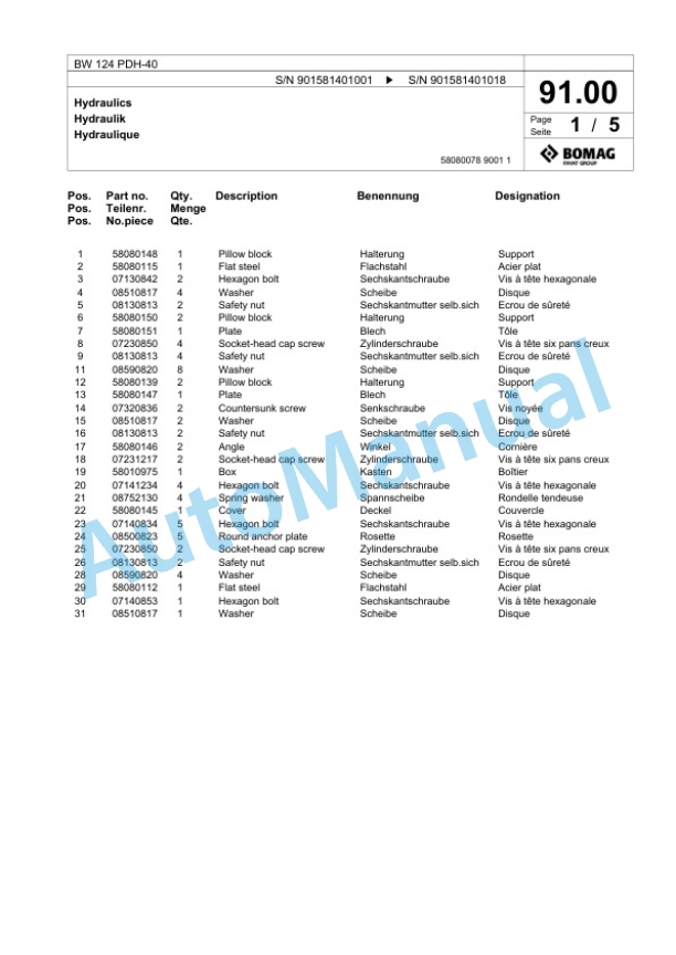 Bomag BW 124 PDH-40 Single Drum Wheel Drive Vibratory Roller Spare Parts Catalogue 00818523 3 Bomag BW 124 PDH-40 Single Drum Wheel Drive Vibratory Roller Spare Parts Catalogue 00818523-3