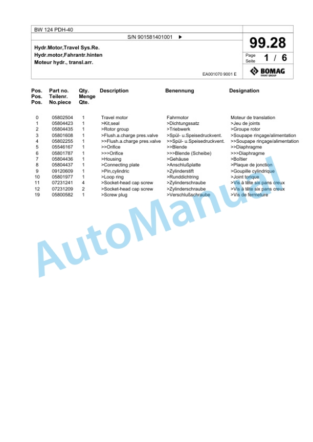 Bomag BW 124 PDH-40 Single Drum Wheel Drive Vibratory Roller Spare Parts Catalogue 00818523 5 Bomag BW 124 PDH-40 Single Drum Wheel Drive Vibratory Roller Spare Parts Catalogue 00818523-5