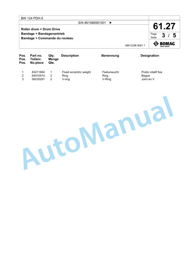 Bomag BW 124 PDH-5 Single Drum Wheel Drive Vibratory Roller Spare Parts Catalogue 00825075 2 Bomag BW 124 PDH-5 Single Drum Wheel Drive Vibratory Roller Spare Parts Catalogue 00825075-2