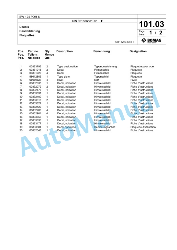 Bomag BW 124 PDH-5 Single Drum Wheel Drive Vibratory Roller Spare Parts Catalogue 00825075 4 Bomag BW 124 PDH-5 Single Drum Wheel Drive Vibratory Roller Spare Parts Catalogue 00825075-4