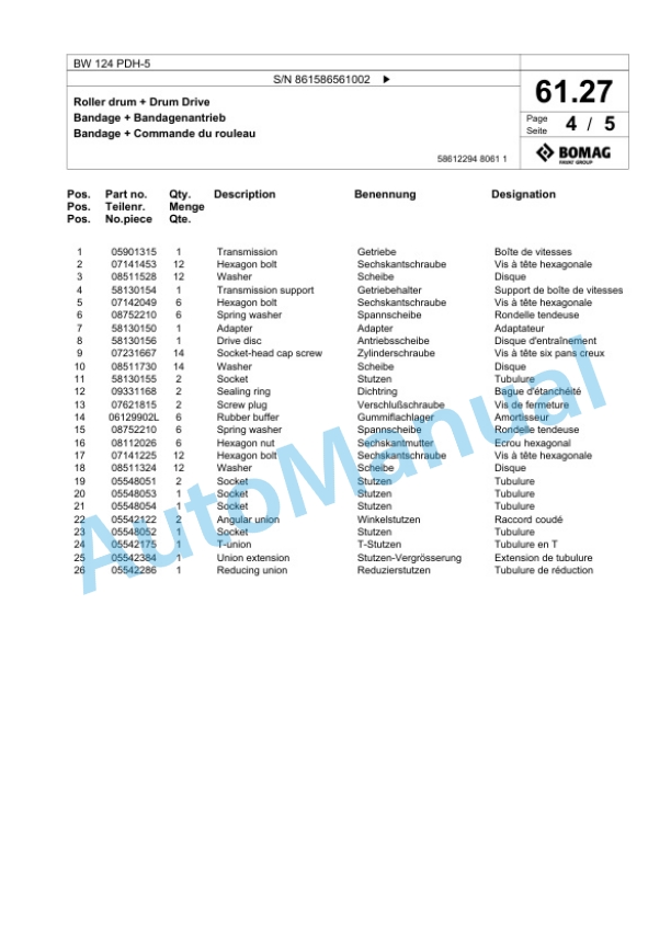 Bomag BW 124 PDH-5 Single Drum Wheel Drive Vibratory Roller Spare Parts Catalogue 00825191 2 Bomag BW 124 PDH-5 Single Drum Wheel Drive Vibratory Roller Spare Parts Catalogue 00825191-2