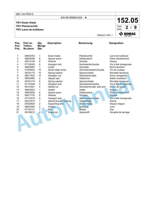 Bomag BW 124 PDH-5 Single Drum Wheel Drive Vibratory Roller Spare Parts Catalogue 00825191 5 Bomag BW 124 PDH-5 Single Drum Wheel Drive Vibratory Roller Spare Parts Catalogue 00825191-5