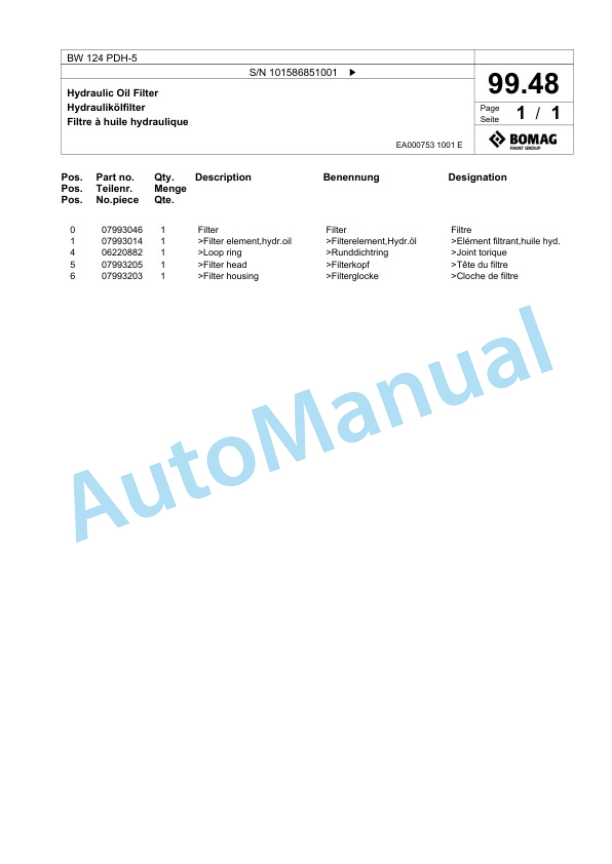 Bomag BW 124 PDH-5 Single Drum Wheel Drive Vibratory Roller Spare Parts Catalogue 00825443 4 Bomag BW 124 PDH-5 Single Drum Wheel Drive Vibratory Roller Spare Parts Catalogue 00825443-4