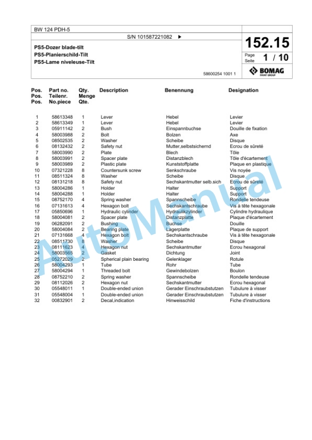 Bomag BW 124 PDH-5 Single Drum Wheel Drive Vibratory Roller Spare Parts Catalogue 00825735 5 Bomag BW 124 PDH-5 Single Drum Wheel Drive Vibratory Roller Spare Parts Catalogue 00825735-5