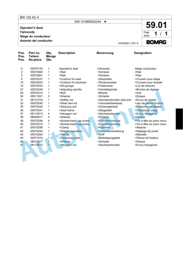 Bomag BW 125 AC-4 Combination Roller Spare Parts Catalogue 00818271 2 Bomag BW 125 AC-4 Combination Roller Spare Parts Catalogue 00818271-2